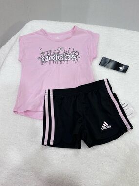adidas Pink Tee with Black Shorts - Girls' Floral Logo Set